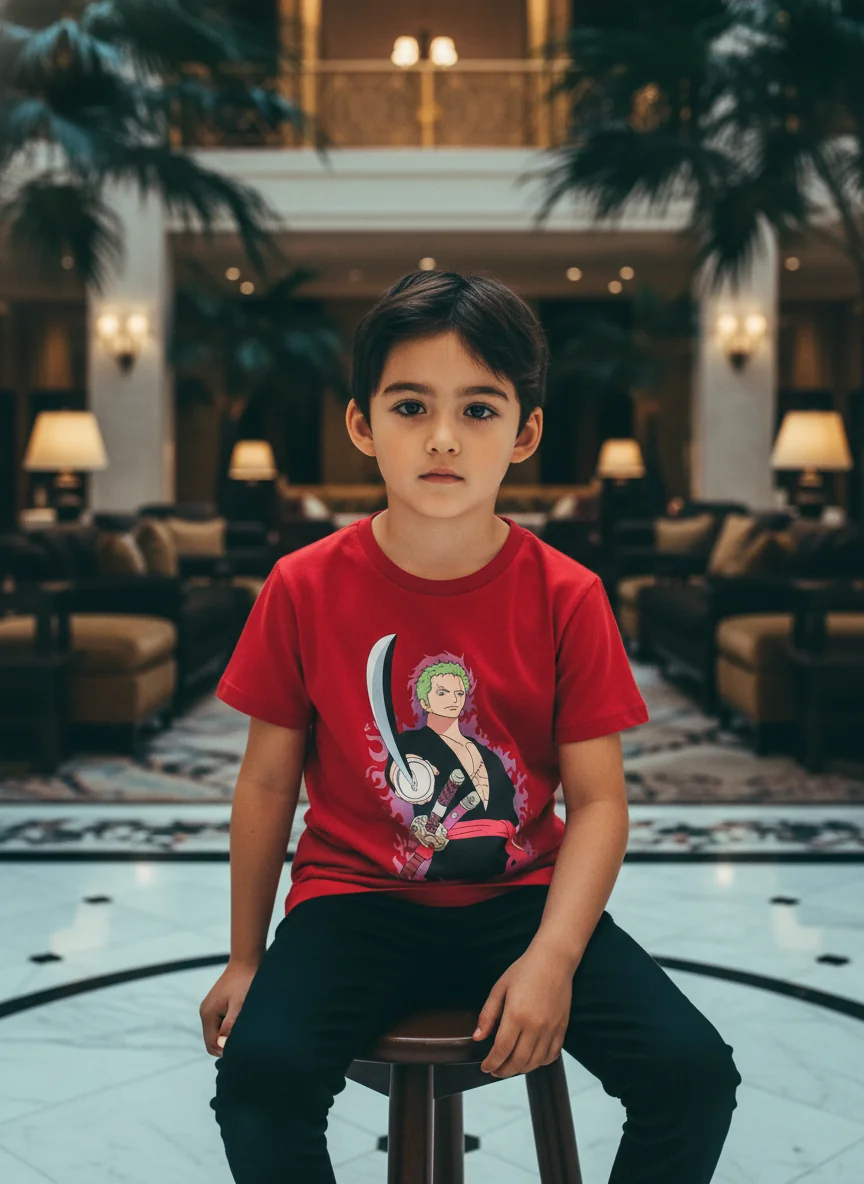 gravitees studios kids' roronoa zoro "triple sword style" graphic print t-shirt – crimson red